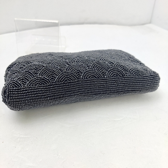 Vintage Beaded Clutch Handbag Pure Black, Satin Lining Chain Pocket Clasp Top - Picture 6 of 16